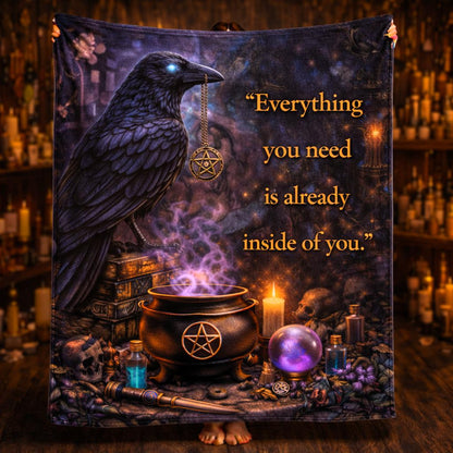 Dark raven gothic witchy fleece blanket with glowing eyes, pentacle, cauldron, and inspirational quote.