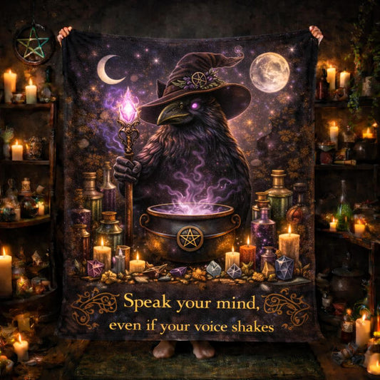 Dark Raven Wiccan fleece blanket with a witchy crow, cauldron, moon, and "Speak your mind" text.