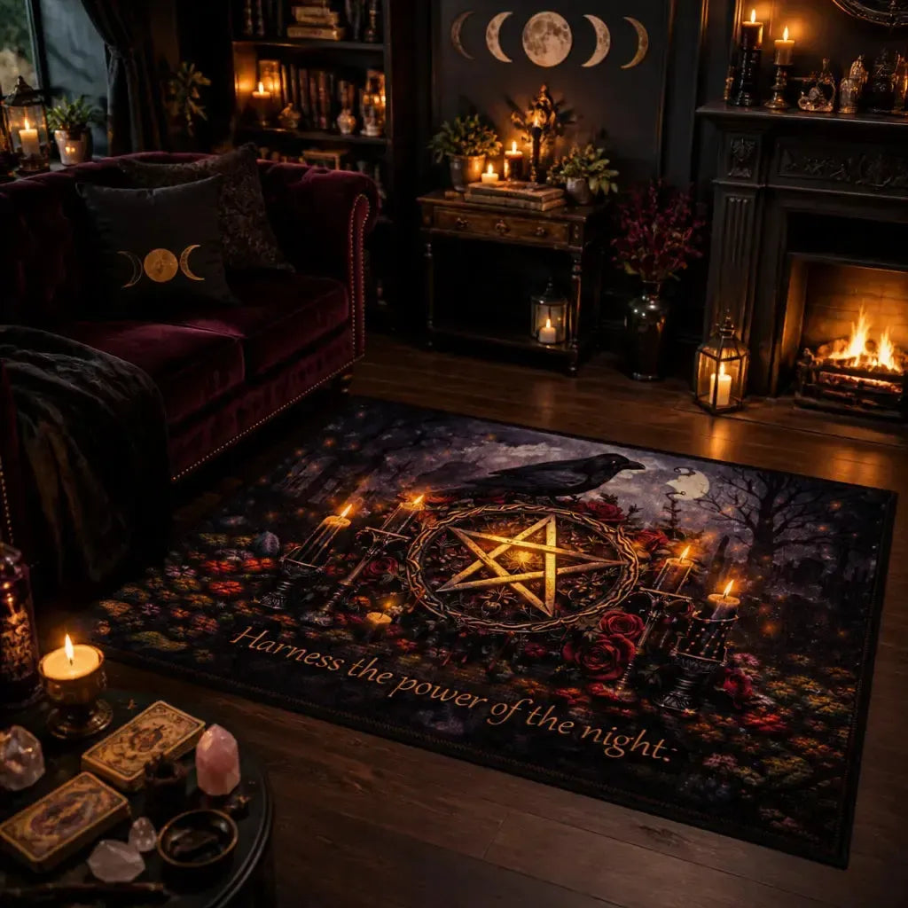 Dark Raven Witchcraft Pentagram Area Rug - Gothic Carpet for Halloween_mockup_1.webp