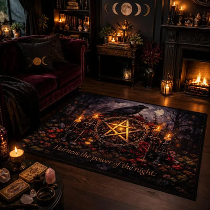 Dark Raven Witchcraft Pentagram Area Rug - Gothic Carpet for Halloween_mockup_1.webp