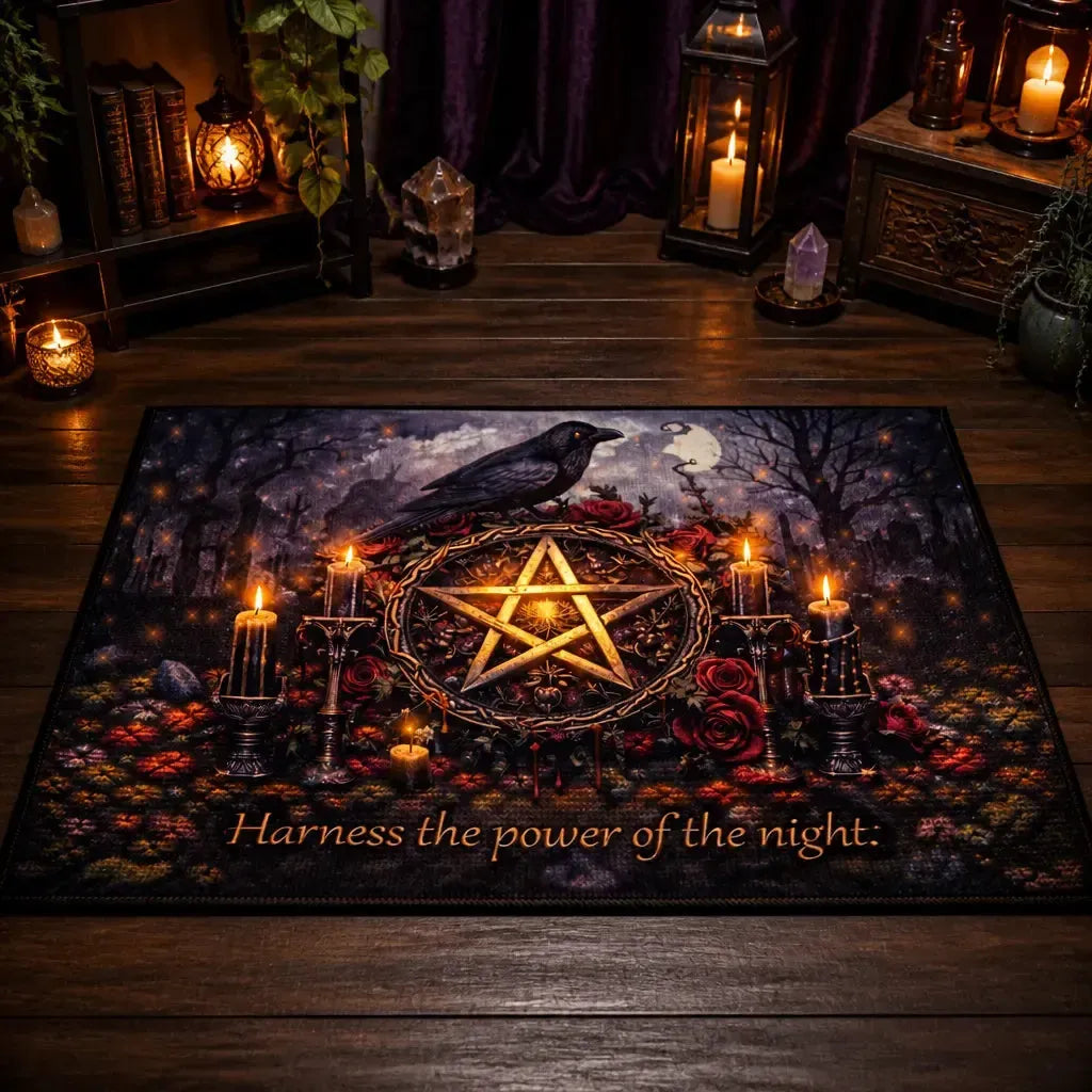 Dark Raven Witchcraft Pentagram Area Rug - Gothic Carpet for Halloween_mockup_2.webp