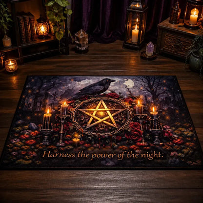 Dark Raven Witchcraft Pentagram Area Rug - Gothic Carpet for Halloween_mockup_2.webp