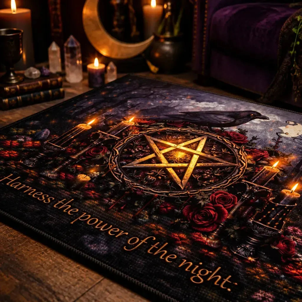 Dark Raven Witchcraft Pentagram Area Rug - Gothic Carpet for Halloween_mockup_3.webp