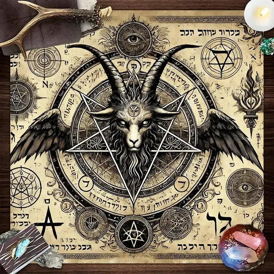 Dark Ritual Witchcraft Altar cloth Pentagram Goat Hebrew Runes Altar Divination Gothic Tablecloth-MoonChildWorld