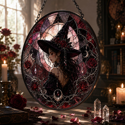Dark Rose Witch Glass Suncatcher - hanging view