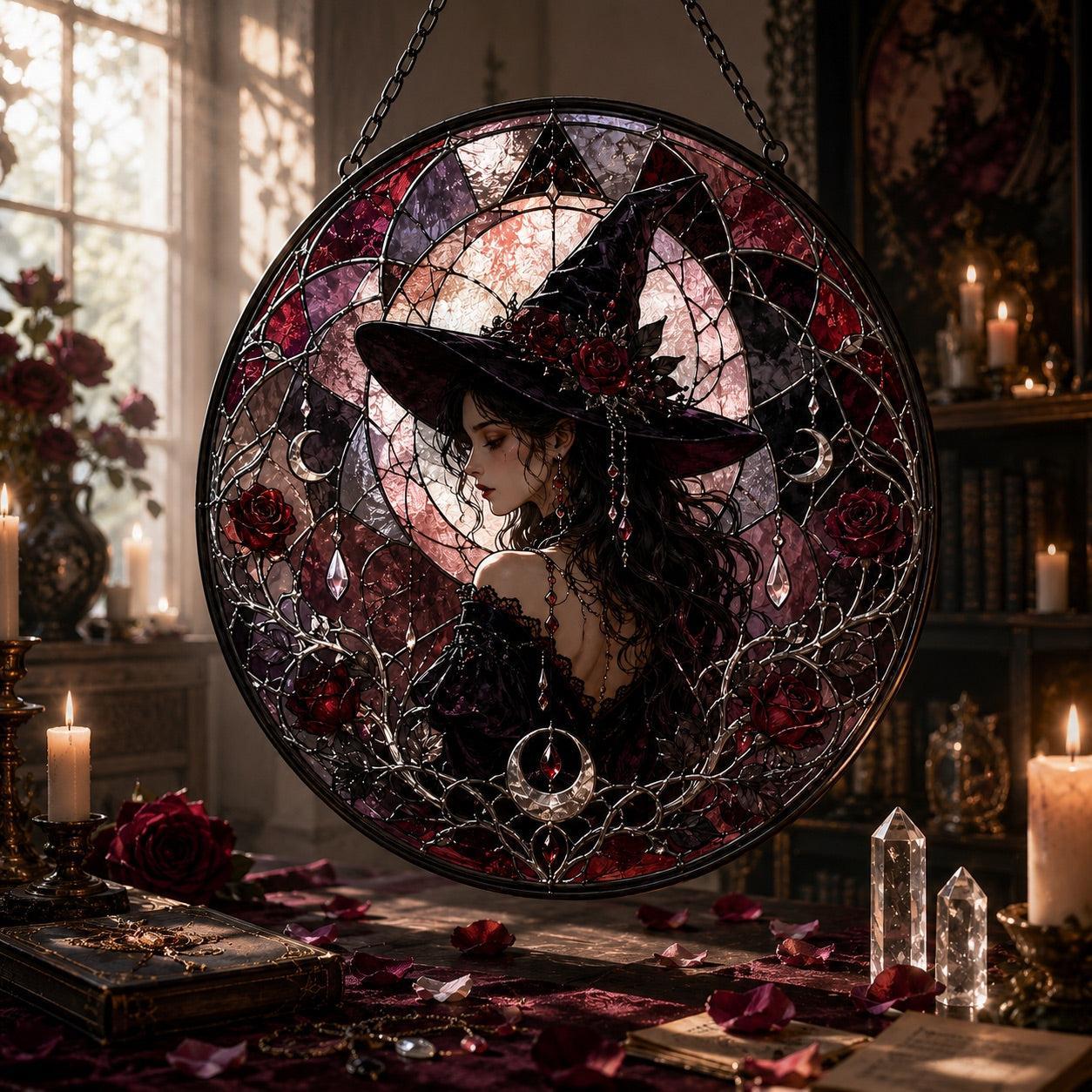 Dark Rose Witch Glass Suncatcher - sunlight glow