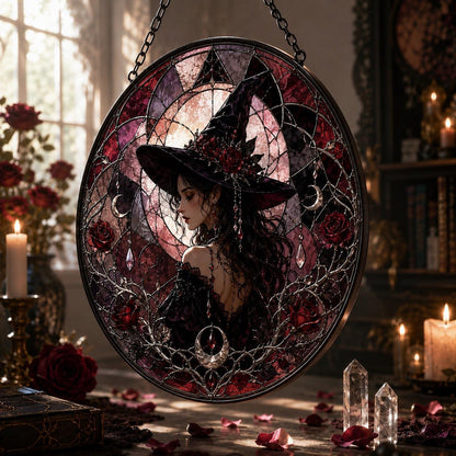 Dark Rose Witch Glass Suncatcher - hanging view