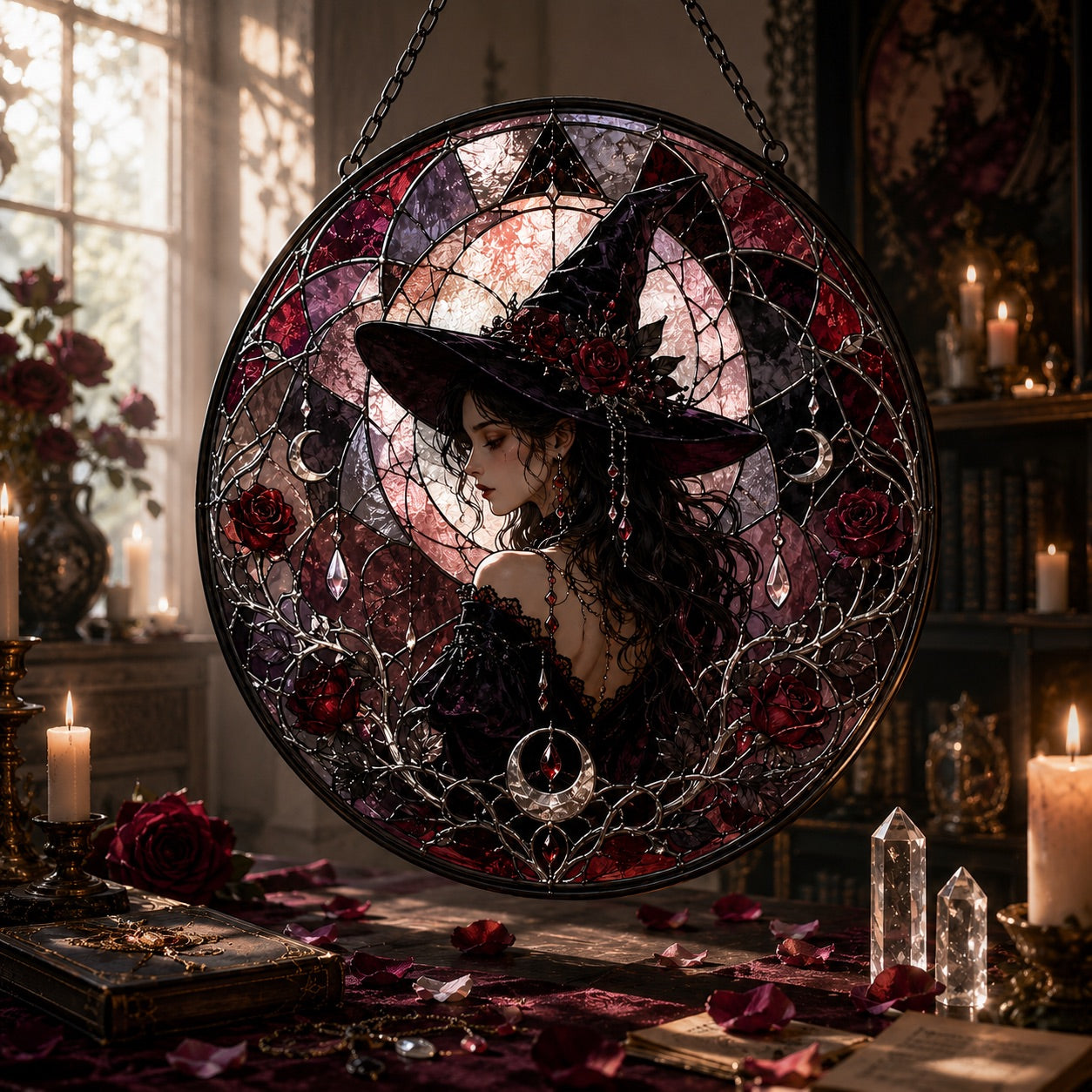 Dark Rose Witch Glass Suncatcher - sunlight glow