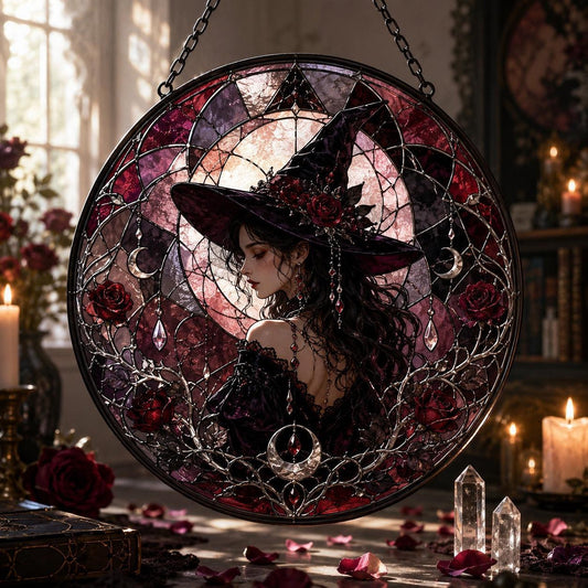 Dark Rose Witch Glass Suncatcher - window display