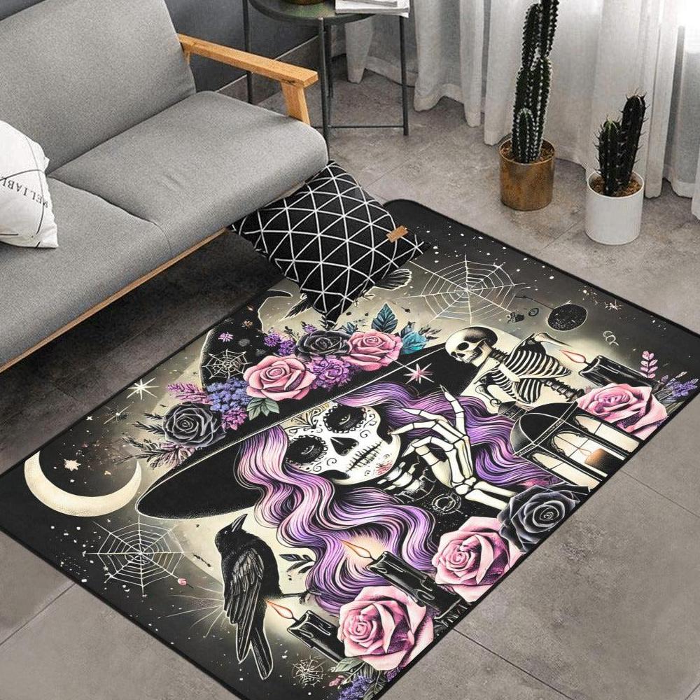Dark Skeleton Witch Area Rug Gothic Carpet for Halloween-MoonChildWorld