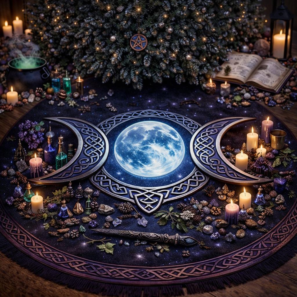 Dark Solstice Celtic Moon Triple Tree Skirt: black velvet with glowing blue moon and silver Celtic knotwork.