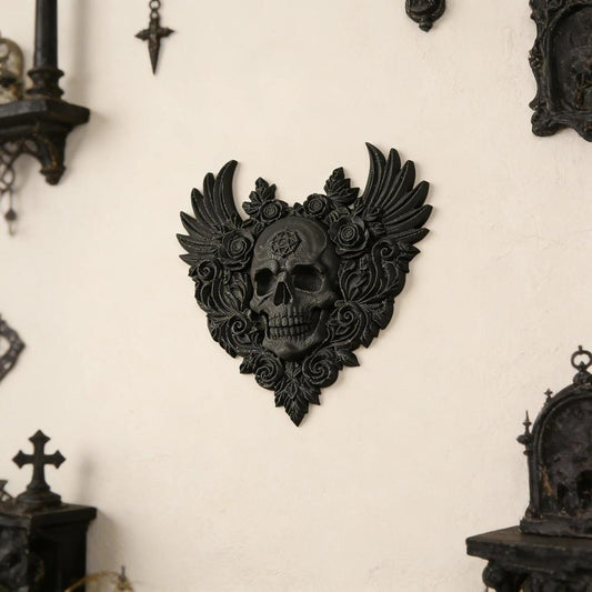 Dark Style Heart Skull Wings Rose Wall Plaque For Gothic Home Wall Art Decor-MoonChildWorld