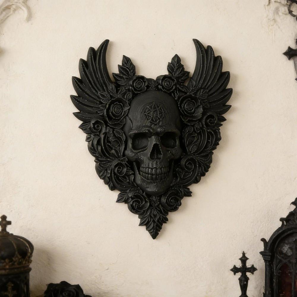 Dark Style Heart Skull Wings Rose Wall Plaque For Gothic Home Wall Art Decor-MoonChildWorld