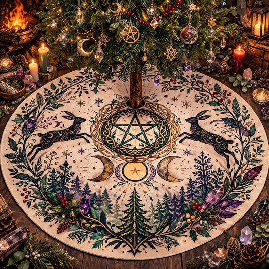 Gothic Yule tree skirt with pentagram, rabbits, triple moon, and forest design in dark, rich colors.