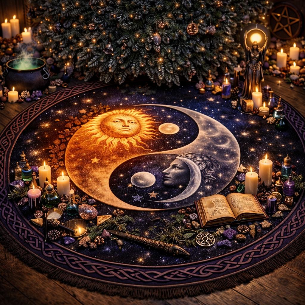 Dark Wiccan velvet tree skirt with a glowing sun and moon yin-yang design, surrounded by candles and witchy decor.