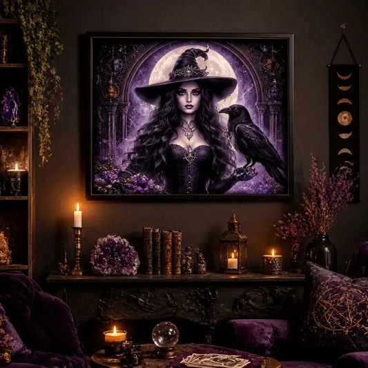 Dark Witch Aesthetic Print with Raven - Gothic Black Framed Canvas Art for Halloween Wall Decor_mockup_1.webp