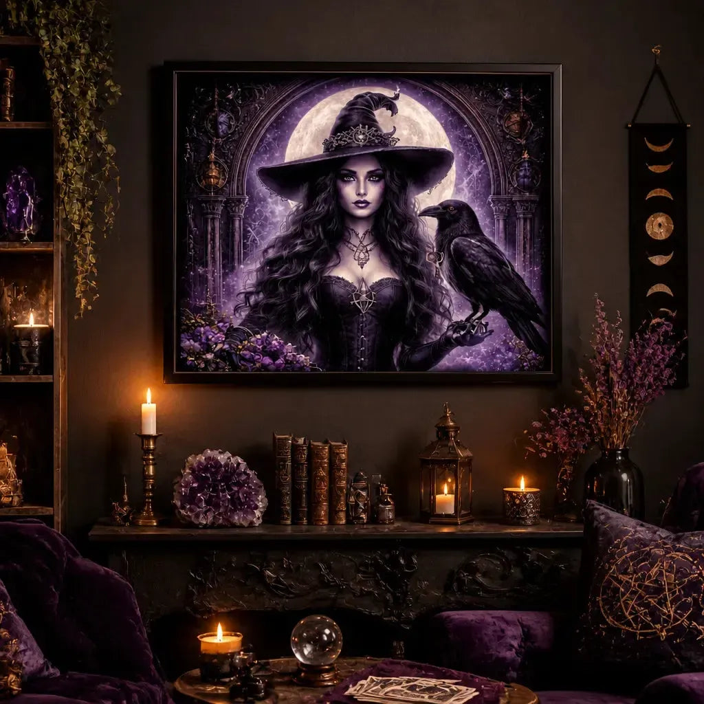 Dark Witch Aesthetic Print with Raven - Gothic Black Framed Canvas Art for Halloween Wall Decor_mockup_1.webp