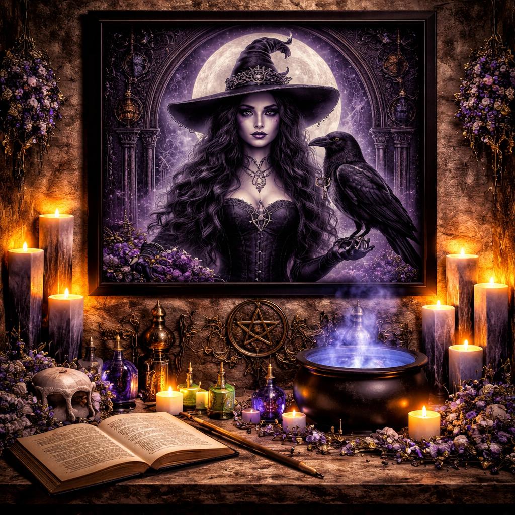 Dark Witch Aesthetic Print with Raven - Gothic Black Framed Canvas Art for Halloween Wall Decor-MoonChildWorld