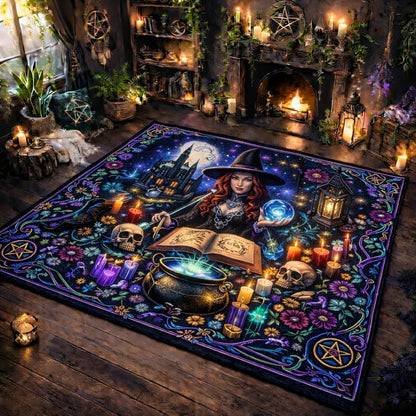 Dark Witch Area Rug with a witch, castle, moon, skulls, cauldron, and candles in a gothic, mystical style.