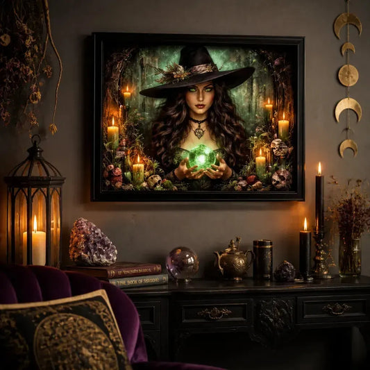 Dark Witch Black Framed Art Print - Gothic Canvas Wall Decor for Halloween_mockup_1.webp