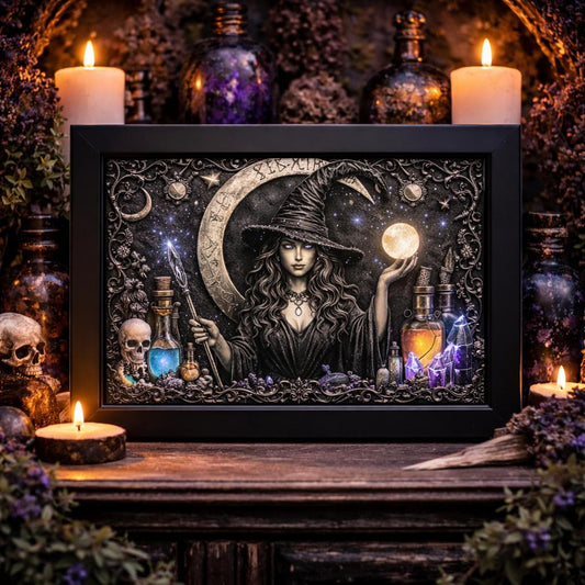 Dark Witch Black Framed Art Print - Gothic Halloween Canvas Wall Decor-MoonChildWorld