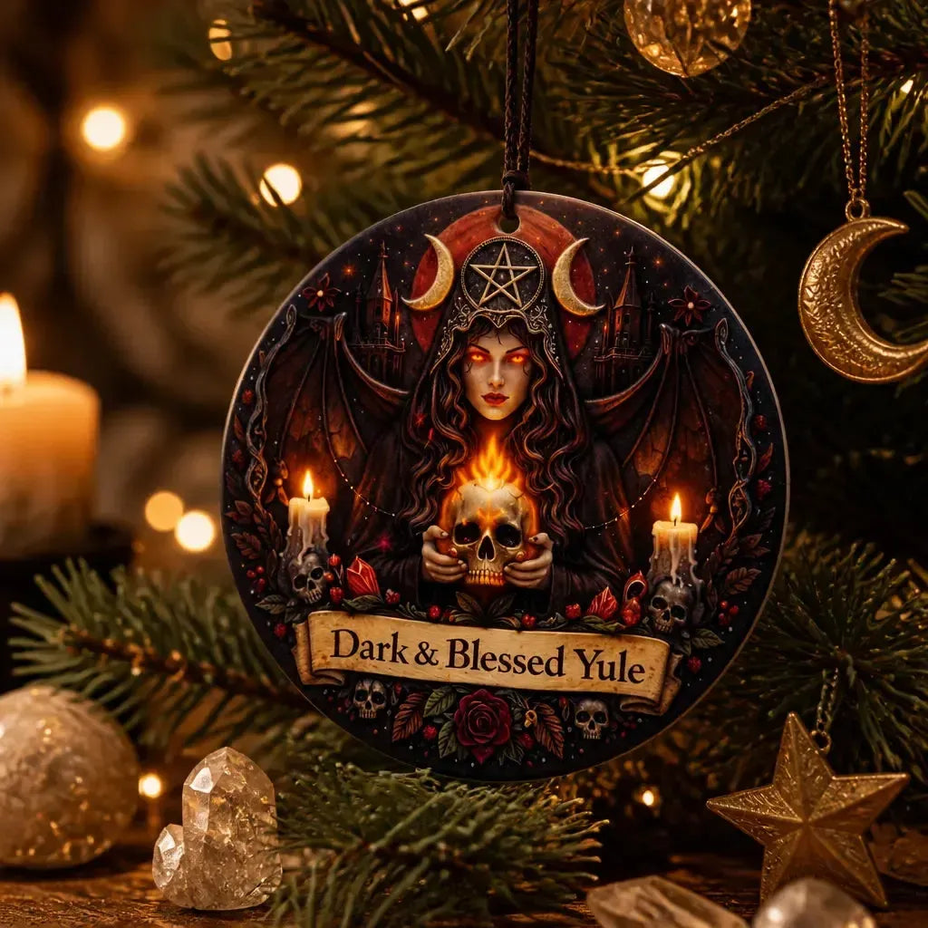 Dark Witch Ceramic Ornament with Skull, Triple Moon – Gothic Halloween Christmas Tree Decor_mockup_1.webp