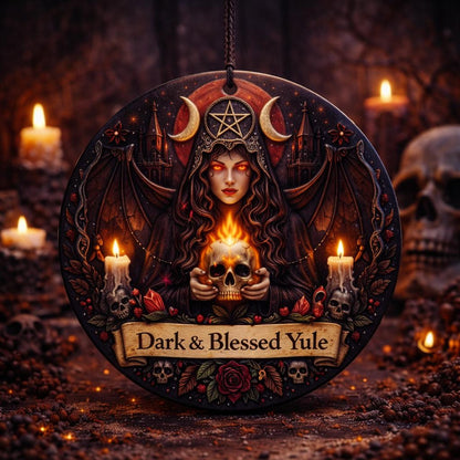 Gothic ceramic ornament: dark witch with glowing eyes, bat wings, holding a skull, under a triple moon and pentacle.