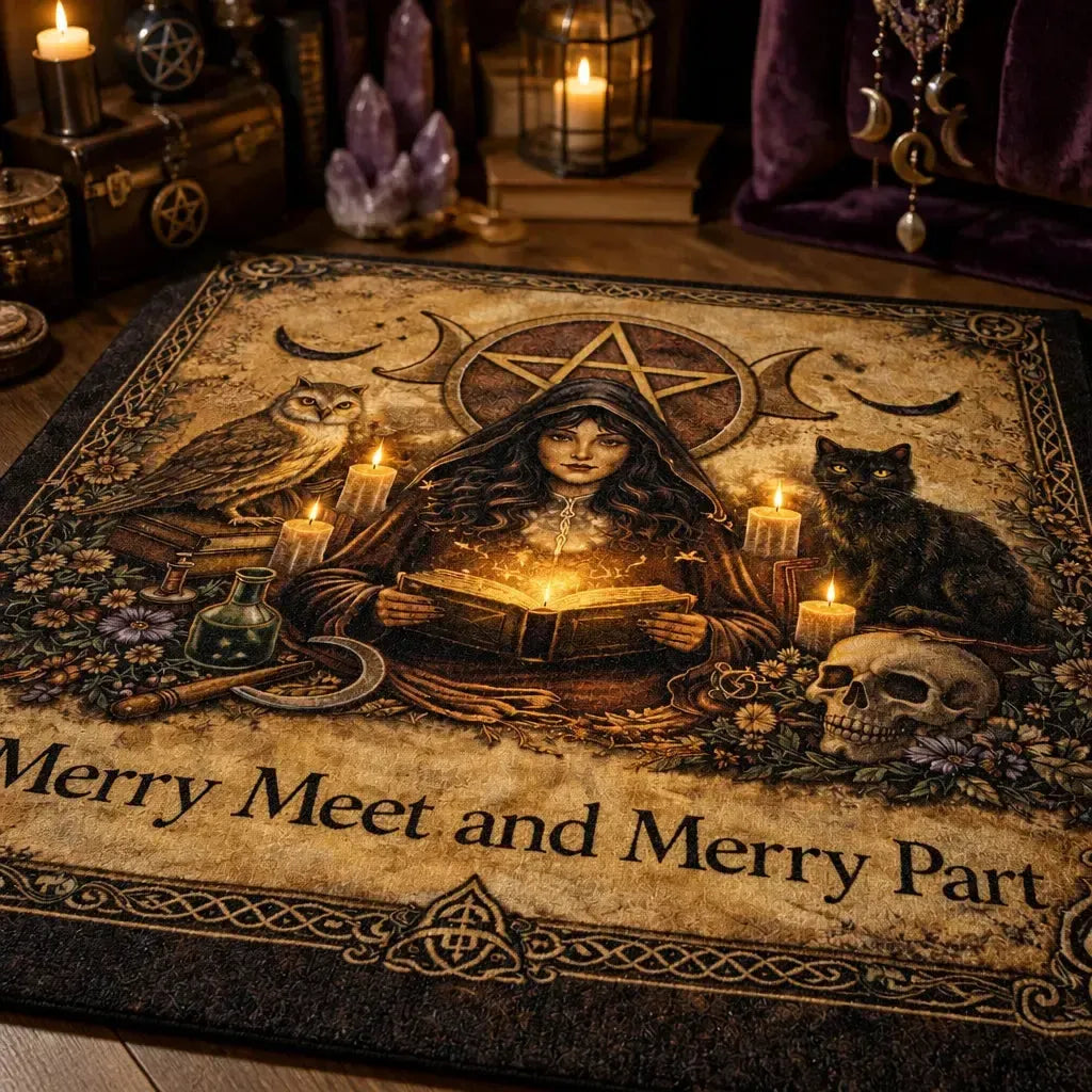 Dark Witch Gothic Area Rug with Black Cat & Skull – Witchy Halloween Carpet for Wiccan Home Decor_mockup_3.webp