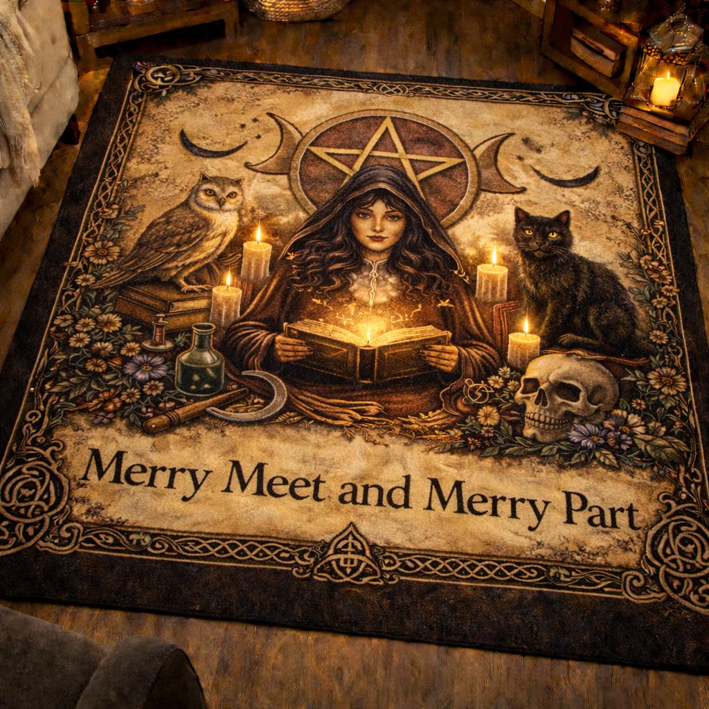 Dark Witch Gothic Area Rug with Black Cat & Skull – Witchy Halloween Carpet for Wiccan Home Decor-MoonChildWorld