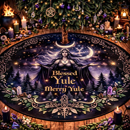 Dark Gothic Yule tree skirt with a witch, crescent moon, stars, forest, and "Blessed Yule Merry Yule" text.