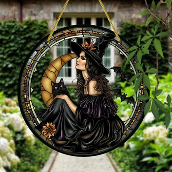 Dark Witch Suncatcher Halloween Gothic Acrylic Round Sign-MoonChildWorld