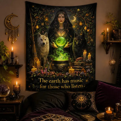 Dark Witch Tapestry with Wolves & Crystal ball - Wiccan Wall Hanging_mockup_1.webp