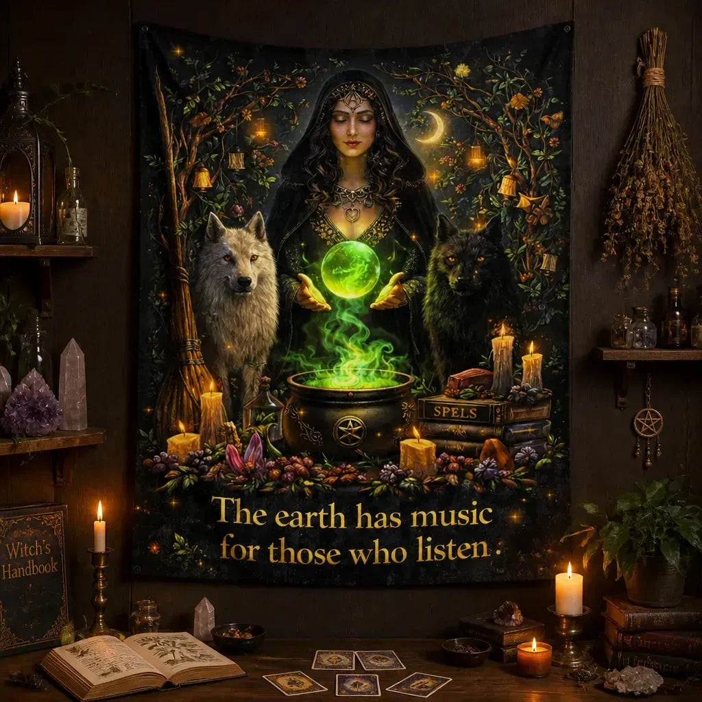 Dark Witch Tapestry with Wolves & Crystal ball - Wiccan Wall Hanging_mockup_2.webp