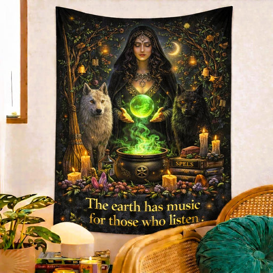 Dark witch tapestry with wolves, crystal ball, and "The earth has music for those who listen" text.