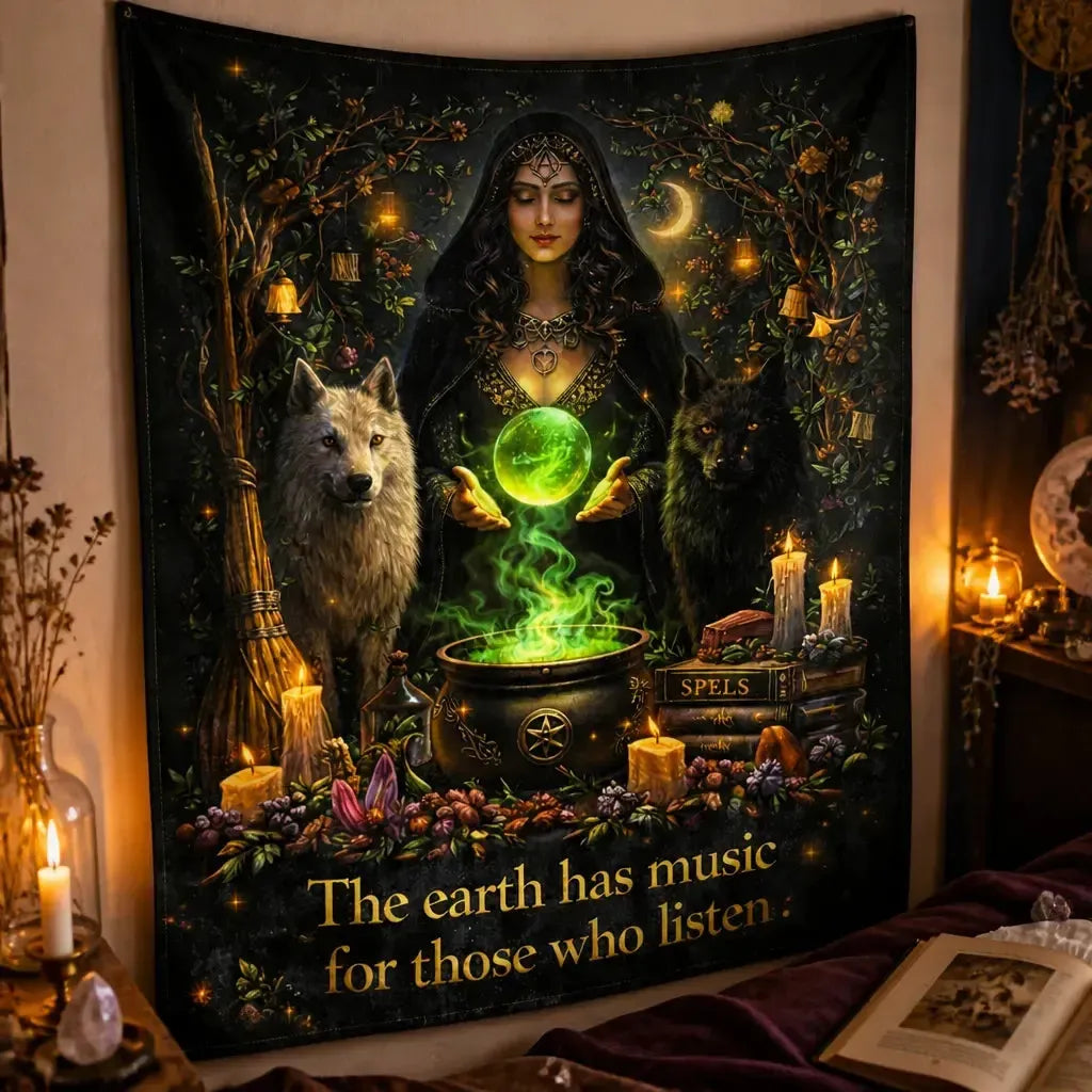 Dark Witch Tapestry with Wolves & Crystal ball - Wiccan Wall Hanging_mockup_3.webp