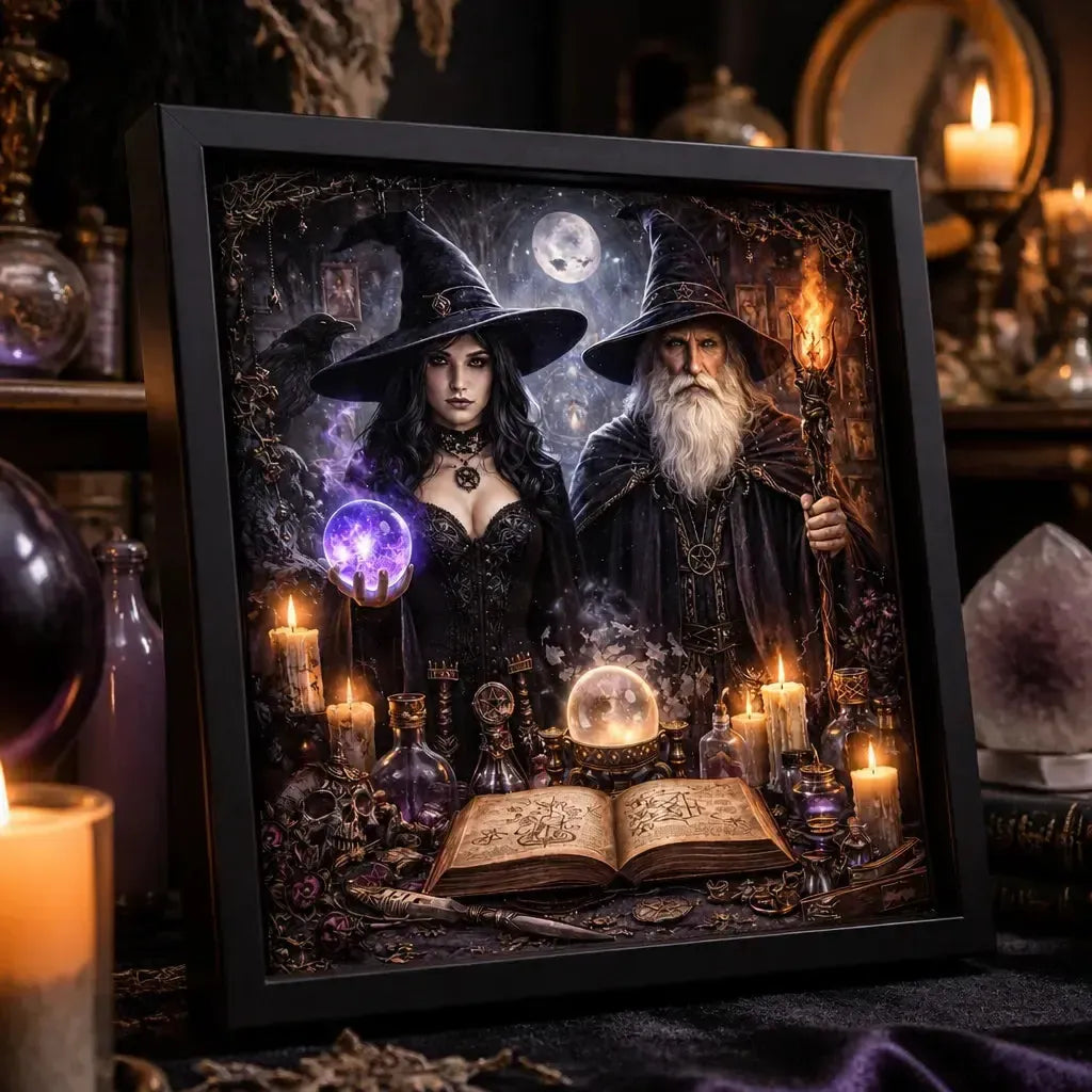 Dark Witch & Wizard Black Framed Art Print - Gothic Canvas Wall Decor for Halloween_mockup_3.webp