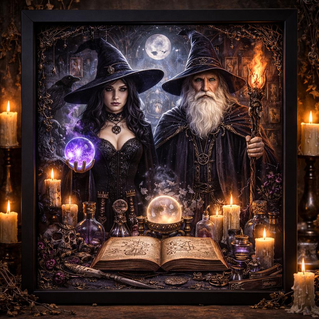 Dark Witch & Wizard Black Framed Art Print - Gothic Canvas Wall Decor for Halloween-MoonChildWorld