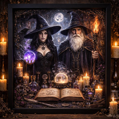 Dark Witch & Wizard Black Framed Art Print - Gothic Canvas Wall Decor for Halloween-MoonChildWorld