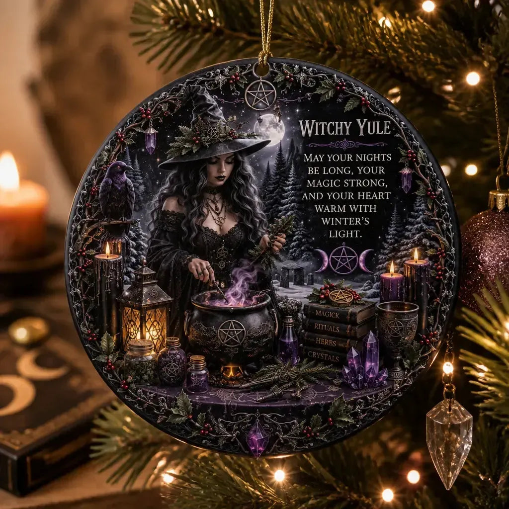 Dark Witch and Raven Wicca Yule Ceramic Ornament – Gothic Christmas Ornament_mockup_1.webp
