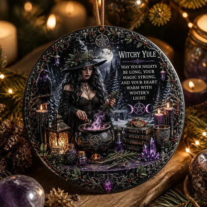 Dark Witch and Raven Wicca Yule Ceramic Ornament – Gothic Christmas Ornament_mockup_2.webp