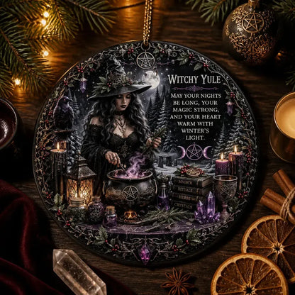 Dark Witch and Raven Wicca Yule Ceramic Ornament – Gothic Christmas Ornament_mockup_3.webp