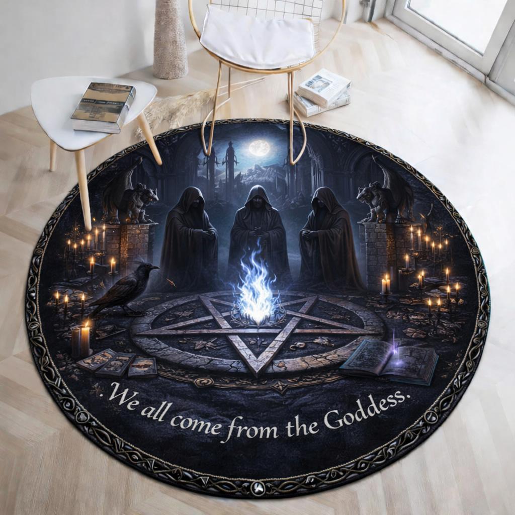 Dark Witches Gothic round rug with cloaked figures, pentacle, raven, candles, and "We all come from the Goddess" text.