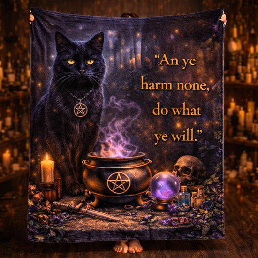 Dark witchy black cat fleece blanket with pentacle, cauldron, and "An ye harm none" quote.