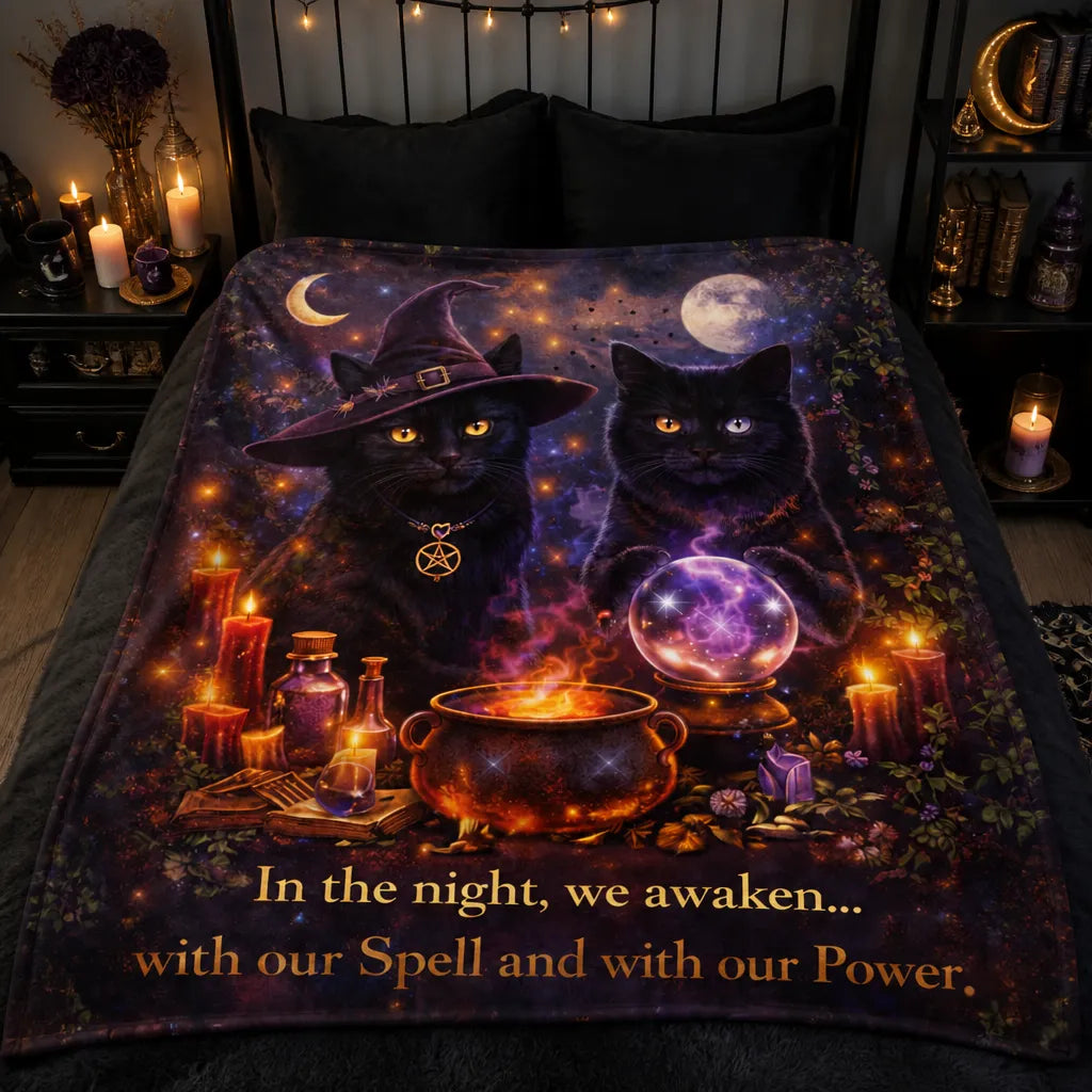 Dark Witchy Black Cats Halloween Blanket Mystical Cat Wiccan Home Decor_mockup_2.webp