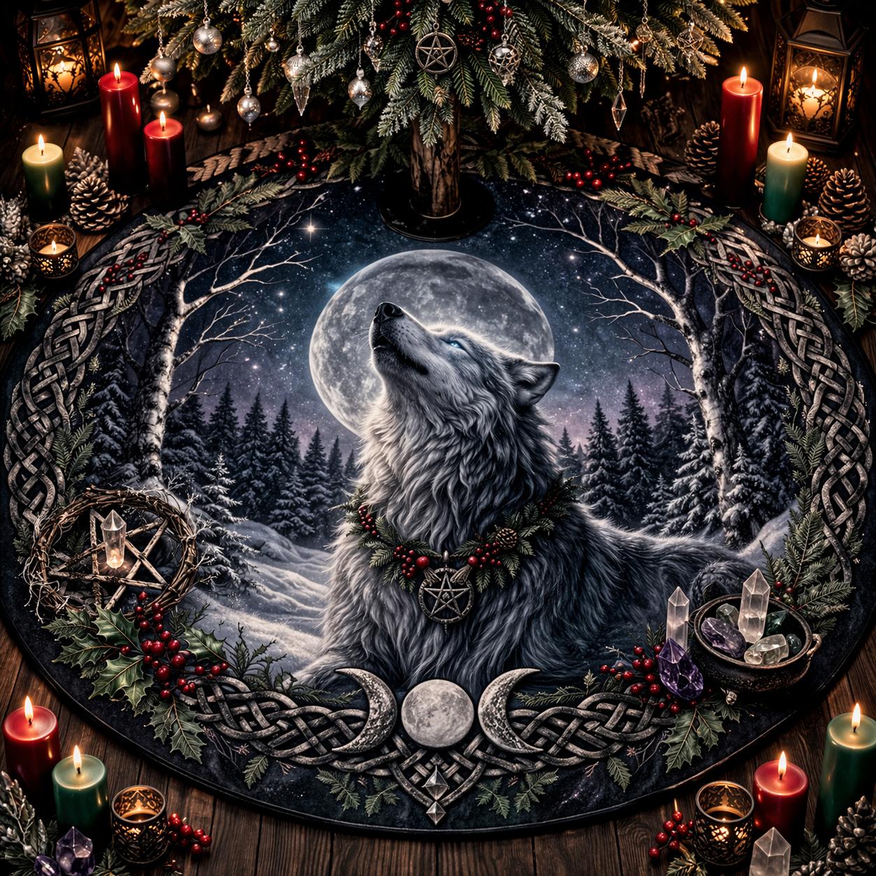 Dark wolf pagan Yule tree skirt with a full moon, winter forest, and Celtic knot border.