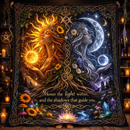 Wiccan Sun & Moon Goddess blanket with Celtic Tree of Life, vibrant orange and blue, mystical forest scene.