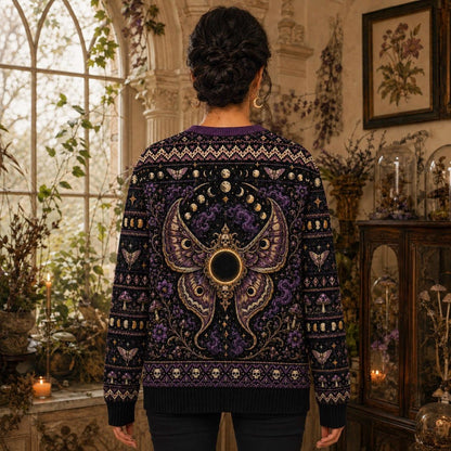 Death Head Moth Sweater Eclipse Purple Gothic Knit Jumper worn, back view