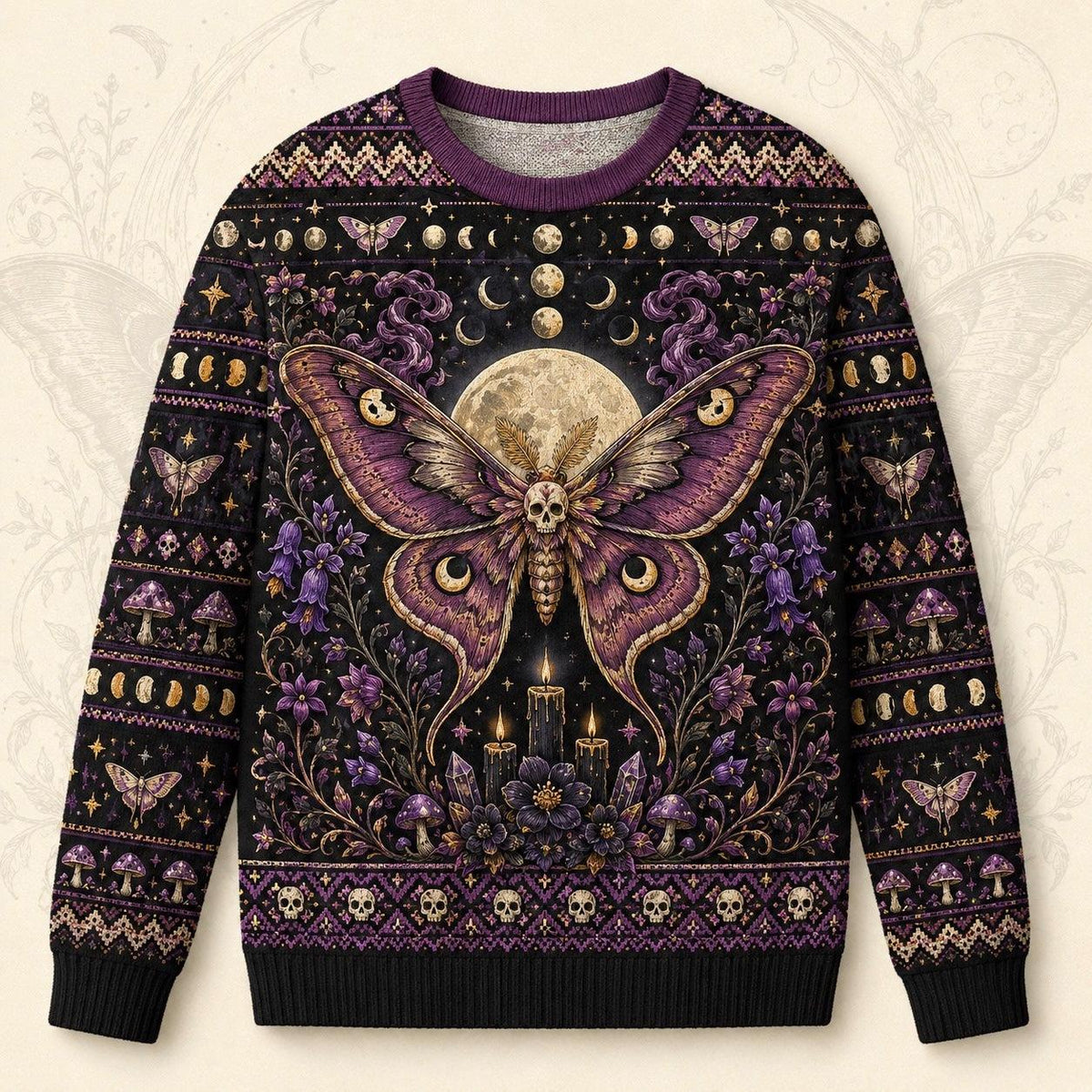 Death Head Moth Sweater Eclipse Purple Gothic Knit Jumper front view