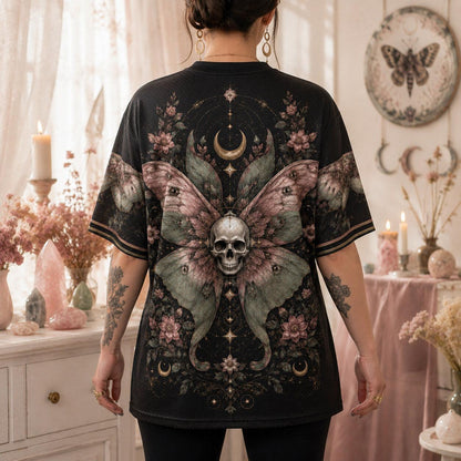 Death Head Moth Moon Phases T-Shirt Pink Rose Gothic Tee worn, back view