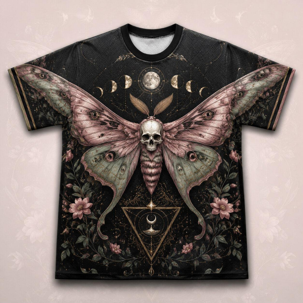 Death Head Moth Moon Phases T-Shirt Pink Rose Gothic Tee front view